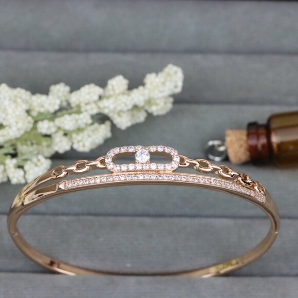 Elegant Chain Link Rose Gold Bangle with Pave Stone Center, XPBL0446 - Picture 10 of 11